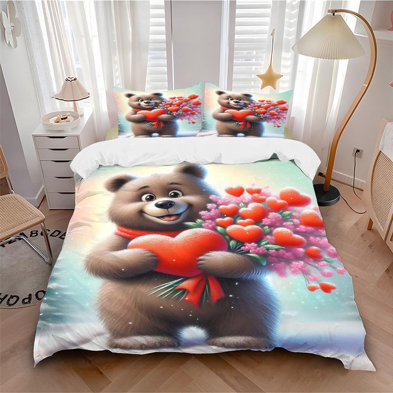 3pcs Anime Cartoon Bear Heart Bouquet Bedding Set - Includes One Quilt Cover and Two Pillowcases (No Core) - Polyester Fabric - Suitable for
