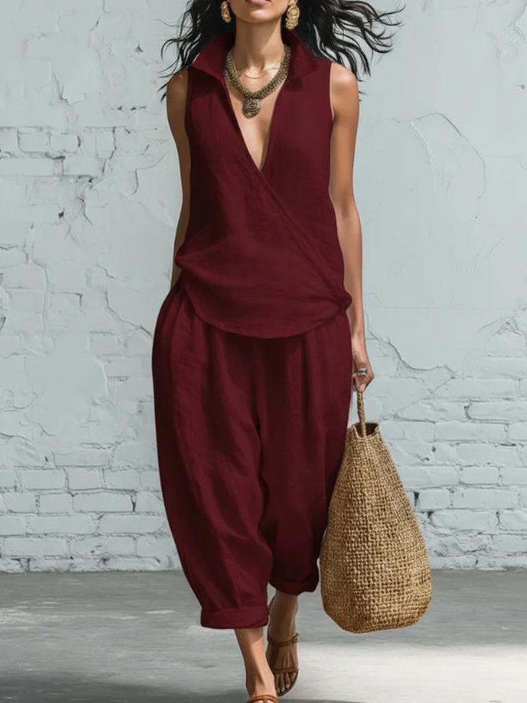 Women's Summer Spring New Arrivals Casual Shirt and Wide Leg Pants Linen Two Piece Set