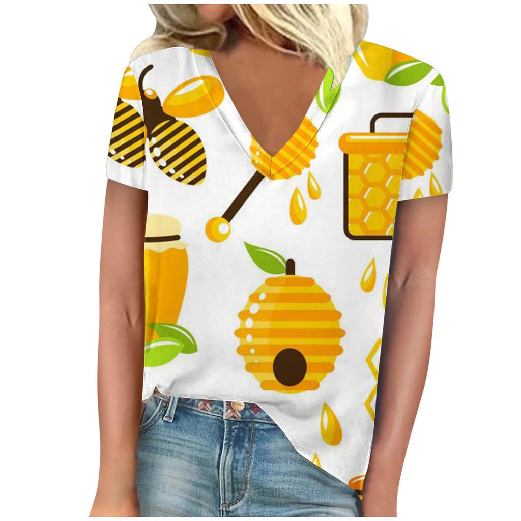 vintage women bee print t shirt short sleeve v neck tops comfortable t-shirts