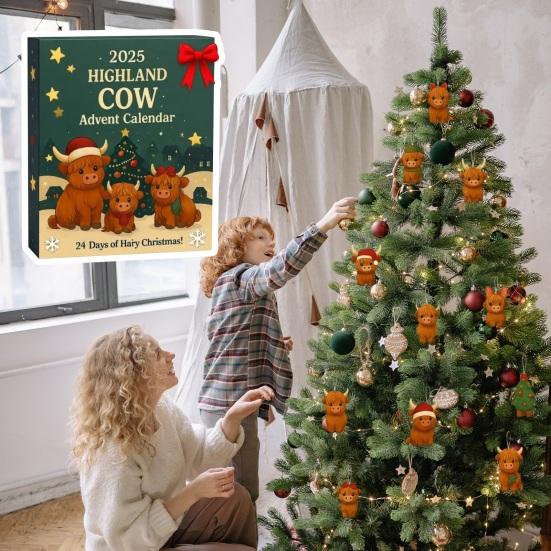 Christmas Pendant Advent Calendar Box Highland Cow 24-Day Countdown Ornament Holiday Party Decoration