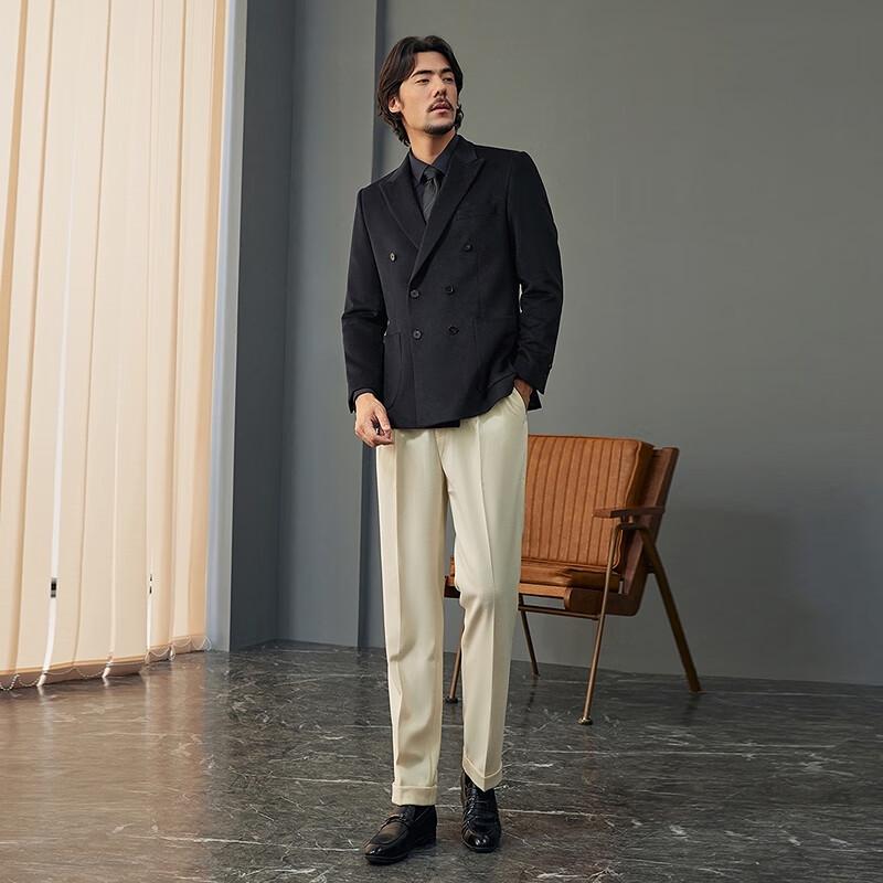 Qipai Men's Double-Breasted Wool Blend Business Suit Jacket