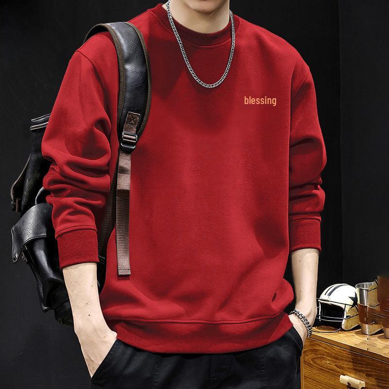 Guochao Men's Oversize Black Hoodie with Round Neck - Warm, Thick, Plus Size for Spring and Autumn.