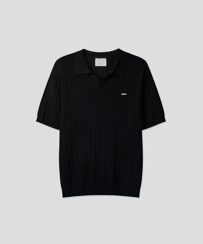 Ssei Essential Cable Open Collar Short Sleeve Knit Black
