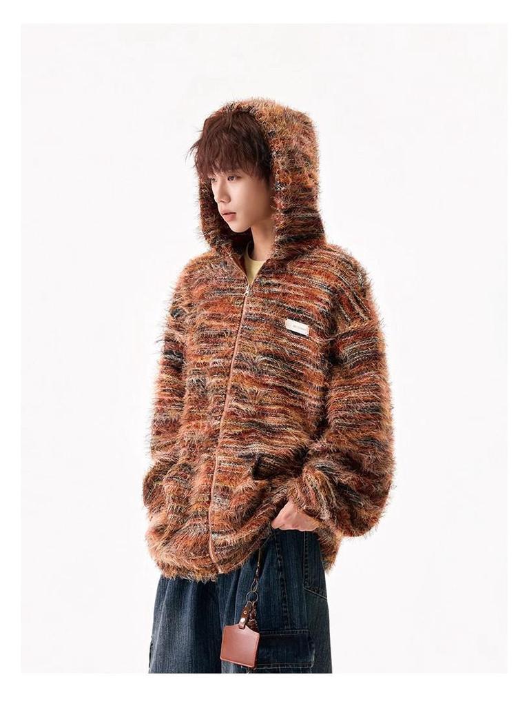 Unisex Gradient Striped Hooded Sweatshirt - Retro Winter Cardigan Style with Oil Painting Knit Design