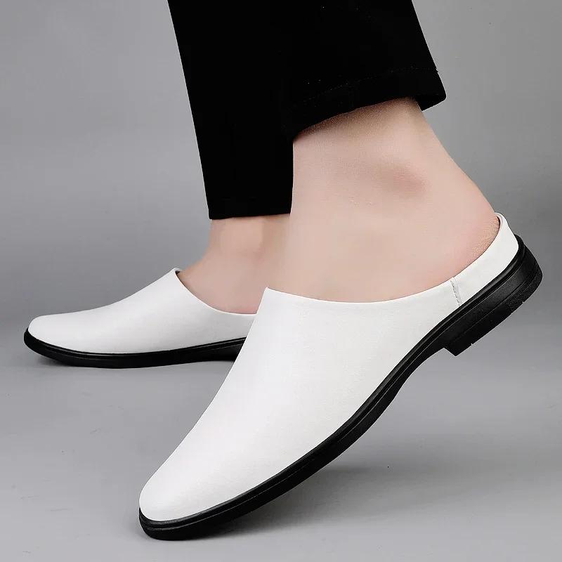 Summer Handmade Men Shoes Genuine Leather Slippers Casual Square Toe Slip-On Slides Mens Mules Shoes Trendy Quality Half Drag