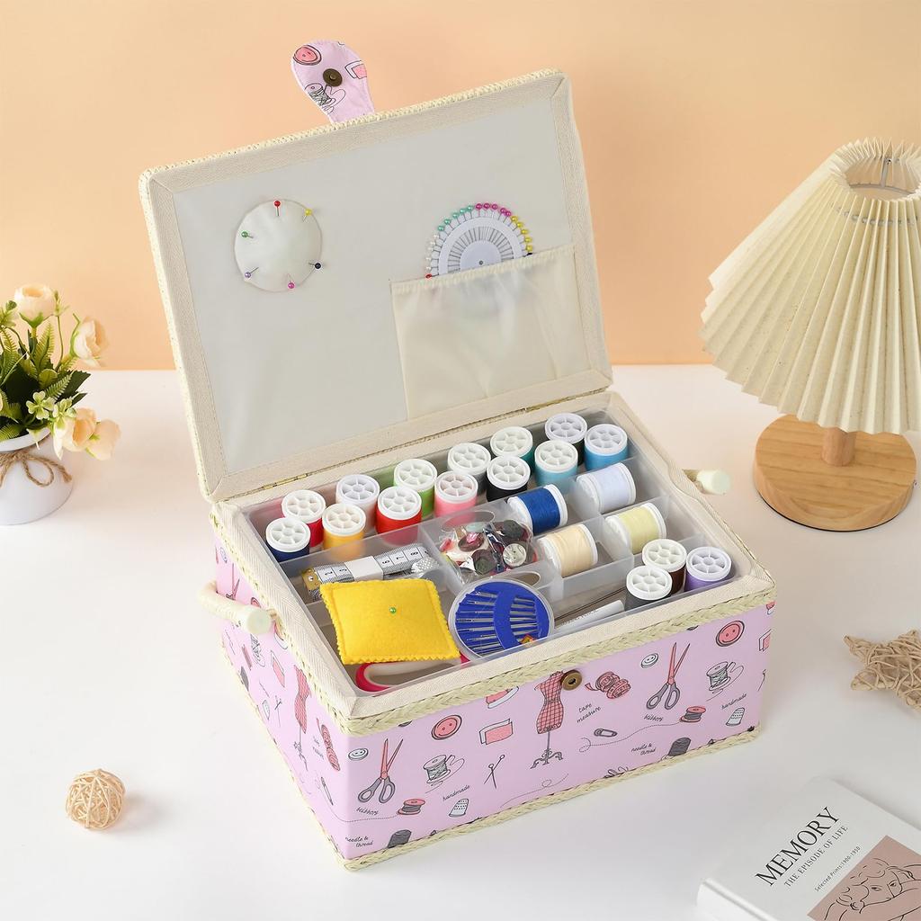 D&D Sewing Box, Sewing Kit, Large Capacity, Double Layer Storage, Sewing Accessory Storage Box 24*17.5*13cm (Large - Pink)