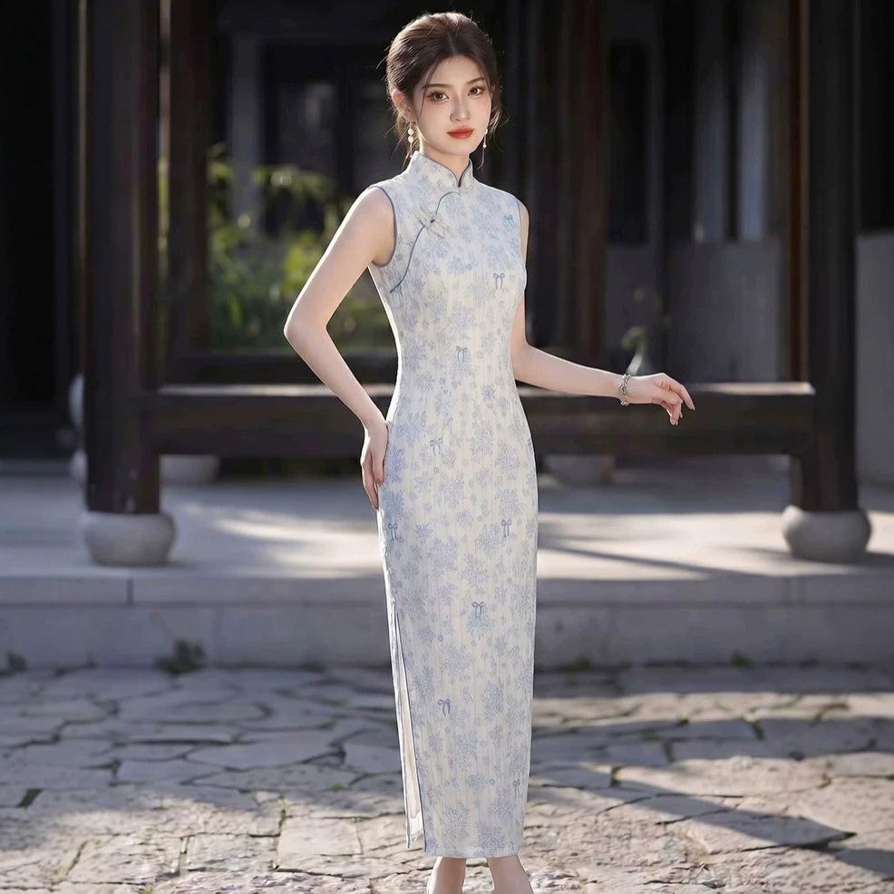 New Chinese national style retro blue floral cheongsam 1 improved sleeveless daily young commuter women's dress