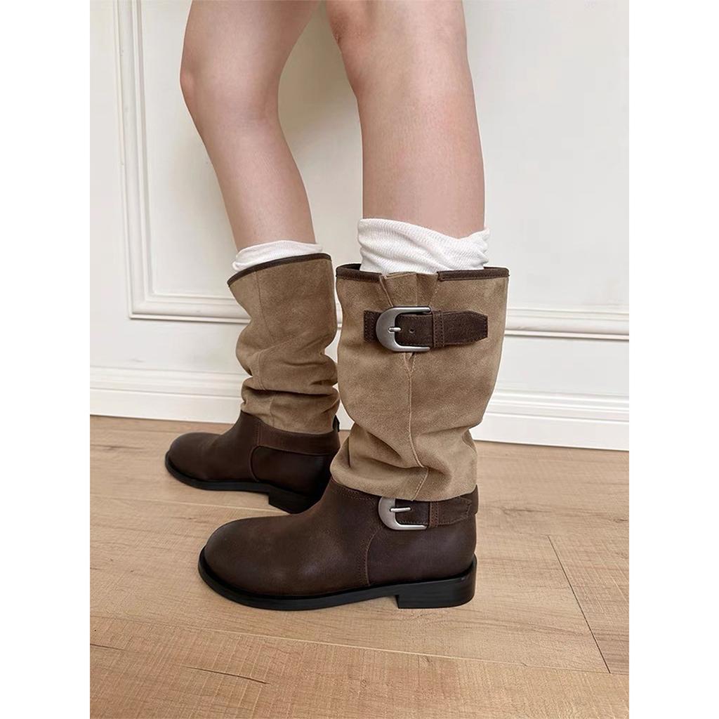 Pile Boots Women's 2025 Autumn and Winter New Retro Versatile Buckle Boots Medium Boots Thick Heel Knight Boots