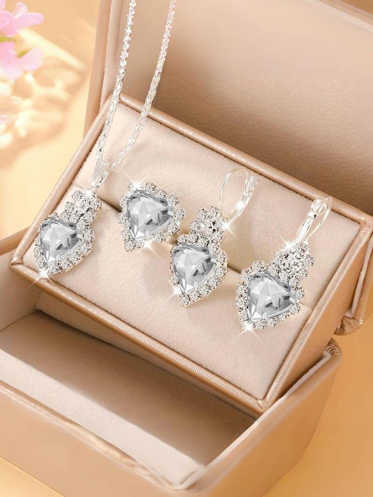 4 st Zirkon Set för Kvinnor, Mode Casual Dam Armband med Hjärtdesign, Halsband, Örhängen, Zirkon Set, Lämpligt för Dagligt Bruk,