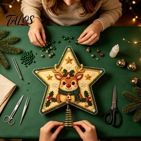 Unique Christmas Tree Accessories DIY Topper Star Kit with Faux Pearl & Rhinestone Materials, Santa Snowman Reindeer Festive Home Ornament Making