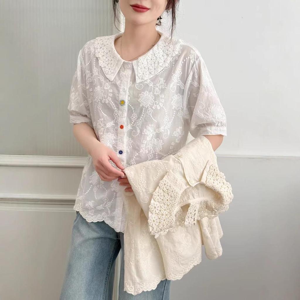 Dámská letní košile s límečkem Petra Pana 2025: Módní, Všestranná, Volná, Zeštíhlující, Omlazující, Halenka s krátkým rukávem