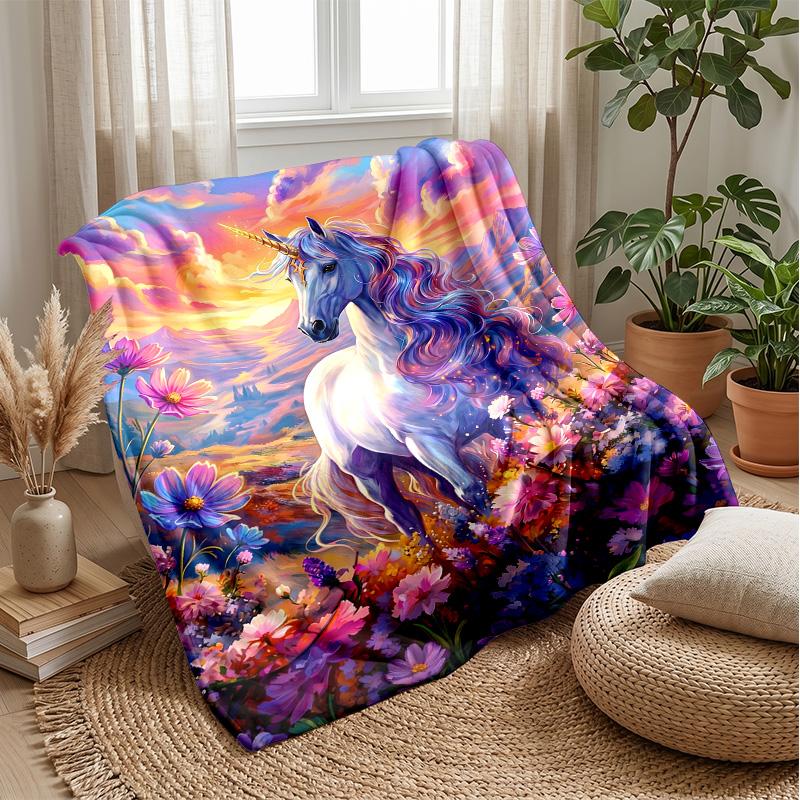 Unicorn in Flower Meadow Theme blanket Lightweight Warm Flannel Blanket Decorative Throw Blanket for Home Decoration