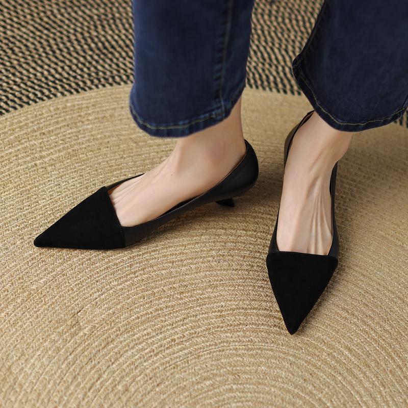 Women's Genuine Leather Patchwork Thin High Heel Pointed Toe Slip-on Pumps Elegant Ladies Daily Dress Heeled Shoes for Women
