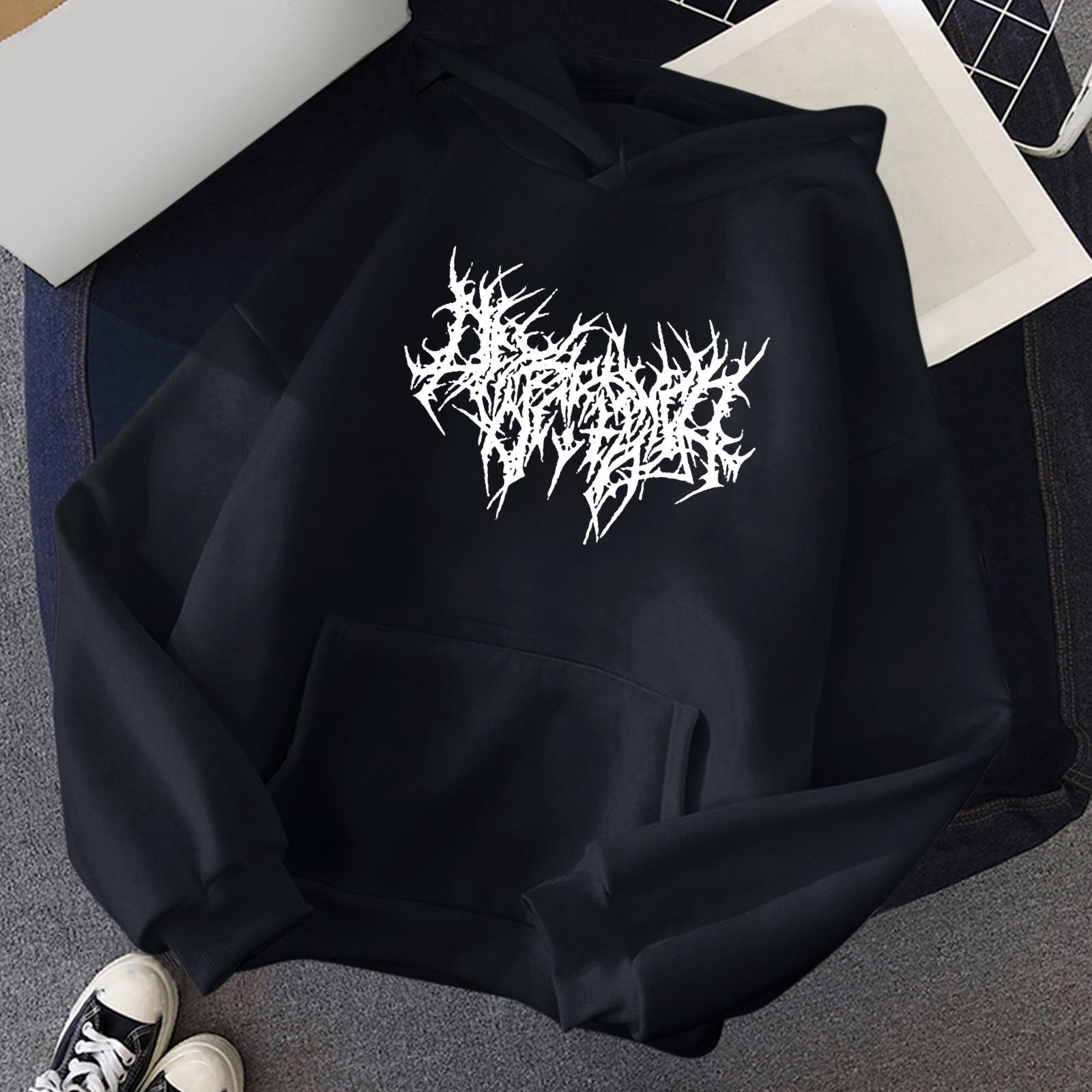 

Женская мода с принтом Спортивный свободный пуловер с длинным рукавом и карманом с капюшоном Топ M чёрный