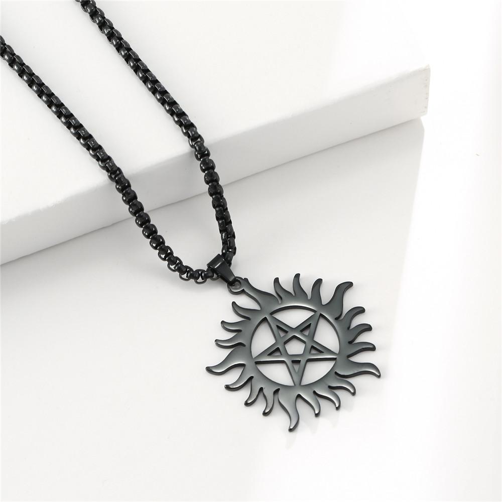 Collar con colgante de pentagrama de sol brillante de acero inoxidable, cadena con forma de caja con declaración de Dean sobrenatural, para parejas, mujeres y hombres