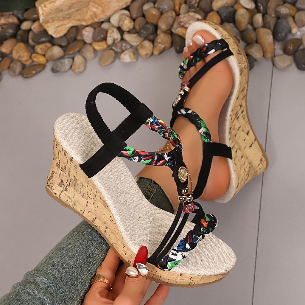 Fashion T-Strap Platform Sandals for Women New Mix Color Elastic Band Wedge Sandals Woman Summer Daily Open Toe Shoes Female