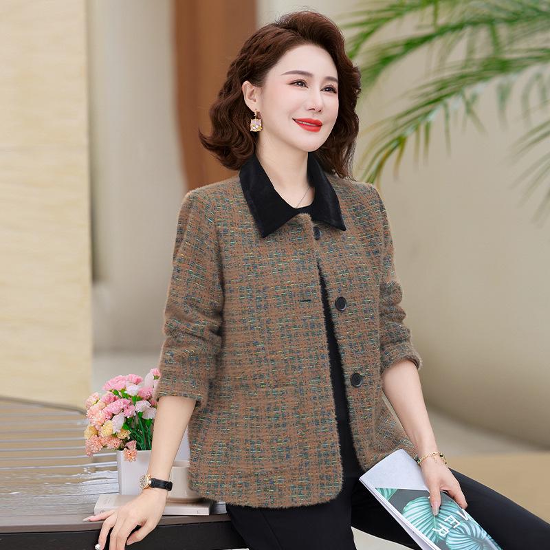

Women s Spring-Autumn Woolen Blazer - Middle-Aged & Elderly Lapel Coat 2XL for 113-125 jins кофейный