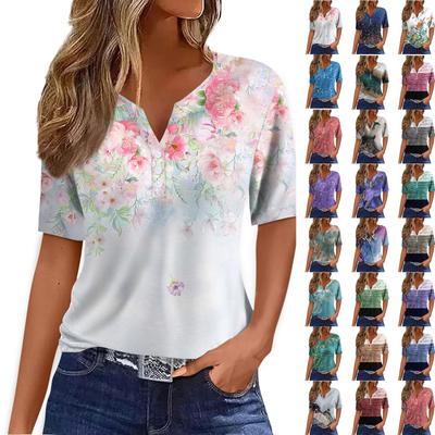 Women's T Shirt Tee Print Button Short Sleeve Daily Weekend Fashion Basic V- Neck Regular Top