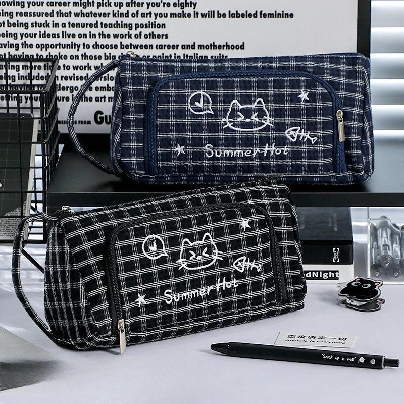 Милий клітчастий пенал-кіт для дітей Хлопчик Дівчинка Мультяшний Велика місткість Багатошаровий Шкільний пенал Шкільне приладдя Подарунок