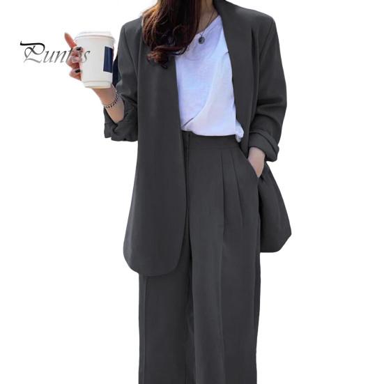 2 ks/sada Lady Formal Coat Kalhoty Set Dlouhé rukávy Otevřený steh Kardigan Střední délka Bunda Volný Rovný Široká noha Kalhoty s vysokým pasem Formální Business