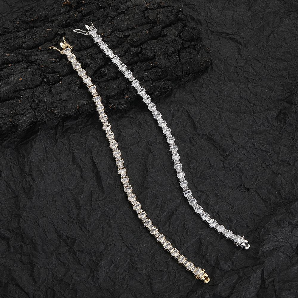 Alternating Oval Baguette 5A CZ Tennis Bracelet Copper Zircon Chain for Couples, Factory Bulk Supply Fashion Gift Stores Ready