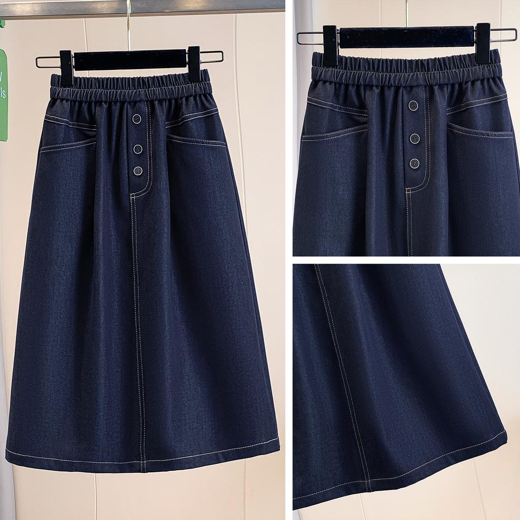 DIMANAF 2026 Summer Plus Size Women Skirts Elastic Waist Oversize Casual Lady Long Skirts Denim Cotton Solid Blue