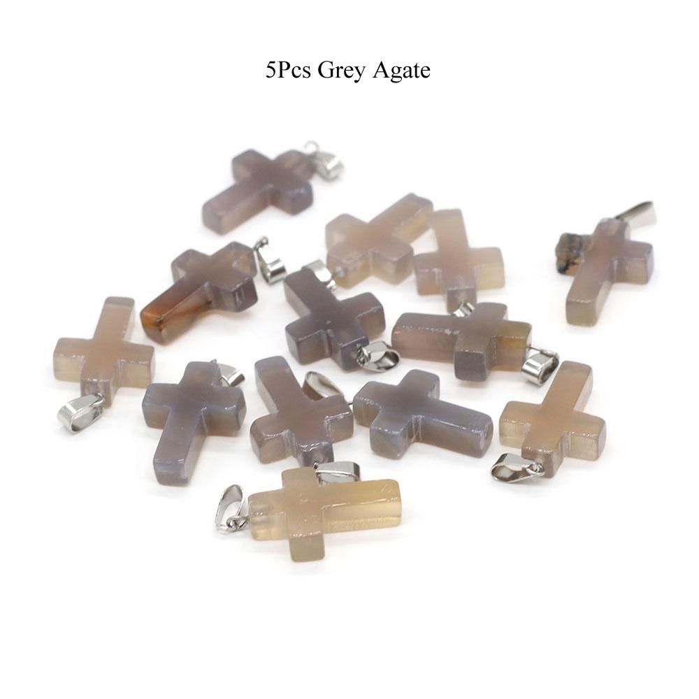 5Pcs Natural Stone Quartz Pendants Exquisite Cross-shaped Semi-precious Charms for Jewelry Making DIY Necklace Accessory Easter Gifts
