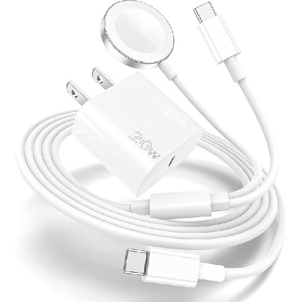 Зарядное устройство Apple Watch, Улучшенное 2-в-1 USB C Быстрое зарядное устройство для iPhone 15 [Сертифицировано Apple MFi] Магнитный кабель 6 футов с адаптером питания 20 Вт для Apple Watch Series 6FT