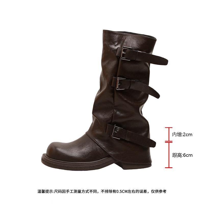 ~ Belt Buckle Square Round Head Pleated Medium Tube Knight, Autumn and Winter Pleated Stacked Pants Tube Women's Boots