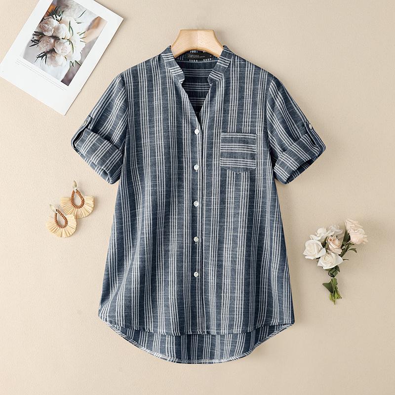 ZANZEA Women Casual V-Neck Summer Short Sleeve Stripe Blouse