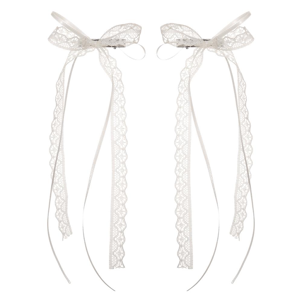 

2 шт. Белые милые кружевные заколки для волос с длинным бантом для женщин и девочек, ленточные заколки-кисточки с бантом, заколки для косичек, трендовые полые головные уборы