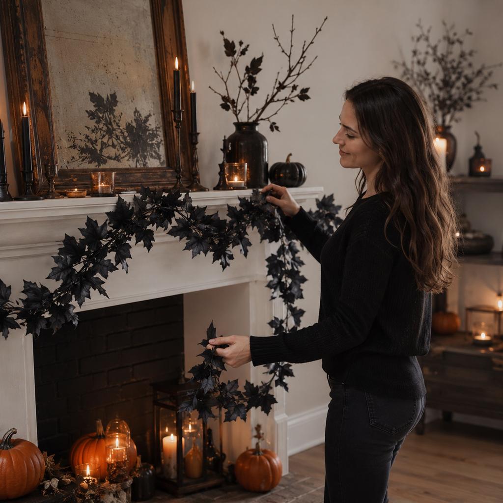 1.7m Artificial Black Maple Leaf Garland for Halloween Party Decoration