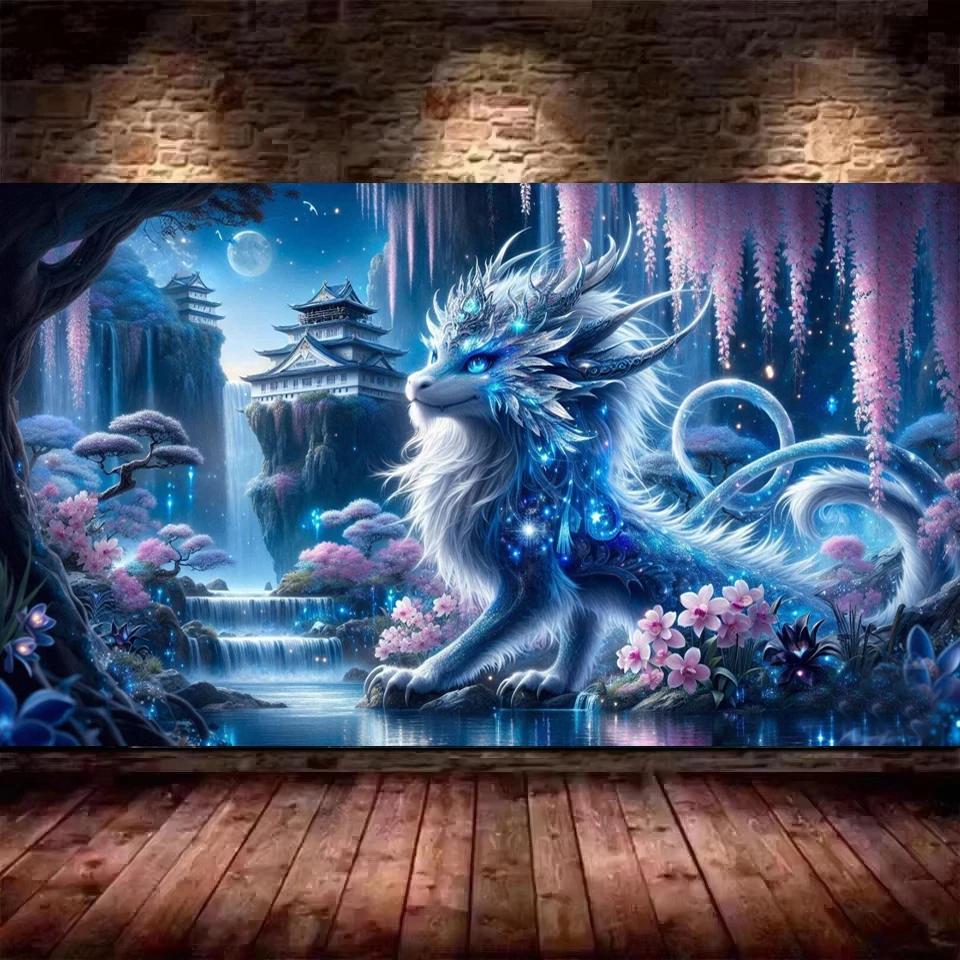Ice Dragon,Fantasy Landscape Waterfall Flowers DIY 5D Diamond Painting New 2025 Full Mosaic Diamond Embroidery Sale Big Size