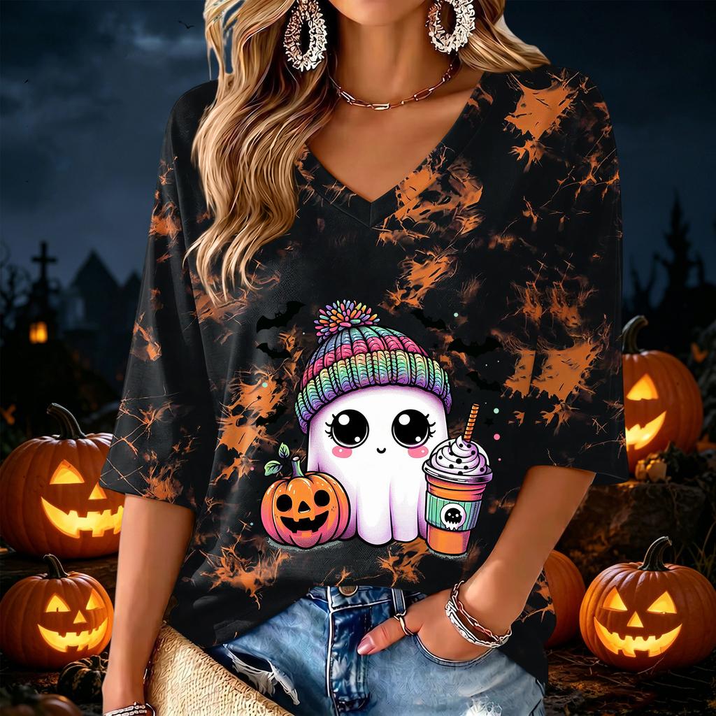 Women's V-Neck Halloween Print Lightweight Blouse for Spring and Summer Casual Wear