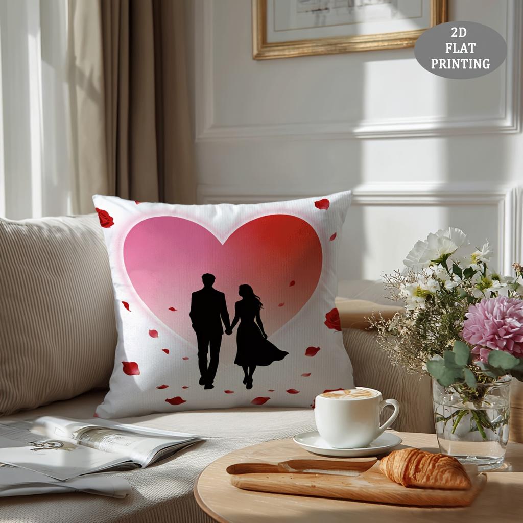 1pc Red Heart-Shaped Petal Pattern Plush Throw Pillow Cover | 2D Flat Printing, Single-Sided, 18x18 inch, Suitable for Sofa and Living Room Decor