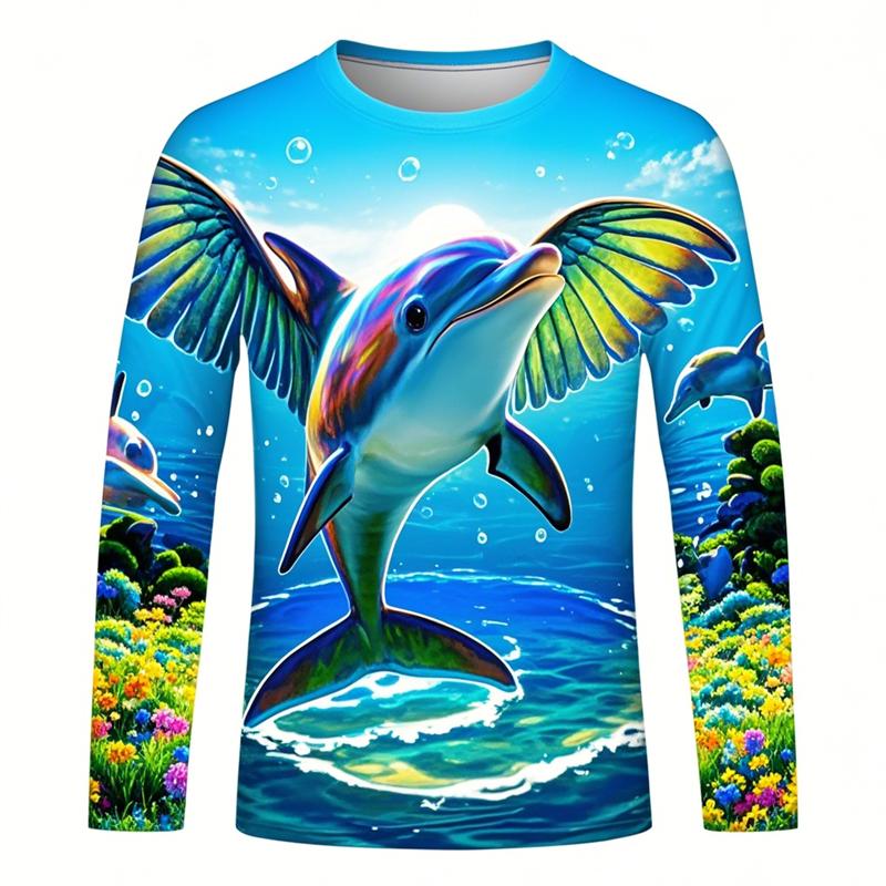 Newest Fashion Unisex Casual Round Neck Long-sleeved Mammal Dolphin 3D Printing T Shirts Harajuku Marine Animal Pattern T-shirt