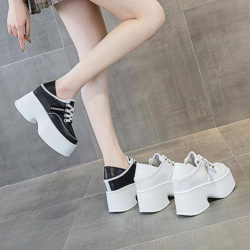 Fashion 11cm  Cow Genuine Leather High Brand Autumn Spring Chunky Sneakers Females Casual Ladies Vulcanize Women Platform Designer