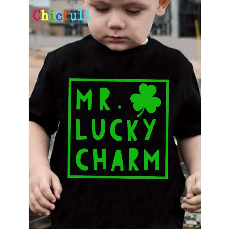 European sizes Children Green Hat Festival St. Patrick S Day TX1356 Boy MR. LUCKY CHARM Clover Print Versatile Casual Round Neck T-Shirt 98cm чёрный