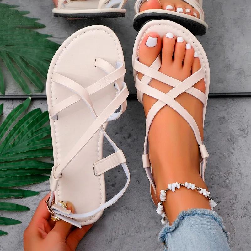 New Round Toe Open Toe Thin Strap Metal Buckle One Strap Sandals Summer Soft Sole Anti-slip Wear-resistant Flats