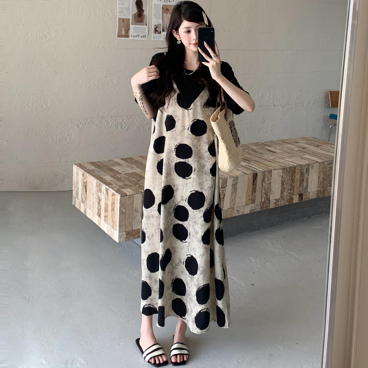 

Dimanaf Летнее платье больших размеров 2025 года Женское повседневное винтажное платье Базовое длинное элегантное платье в горошек Свободное платье с имитацией двух частей L чёрный