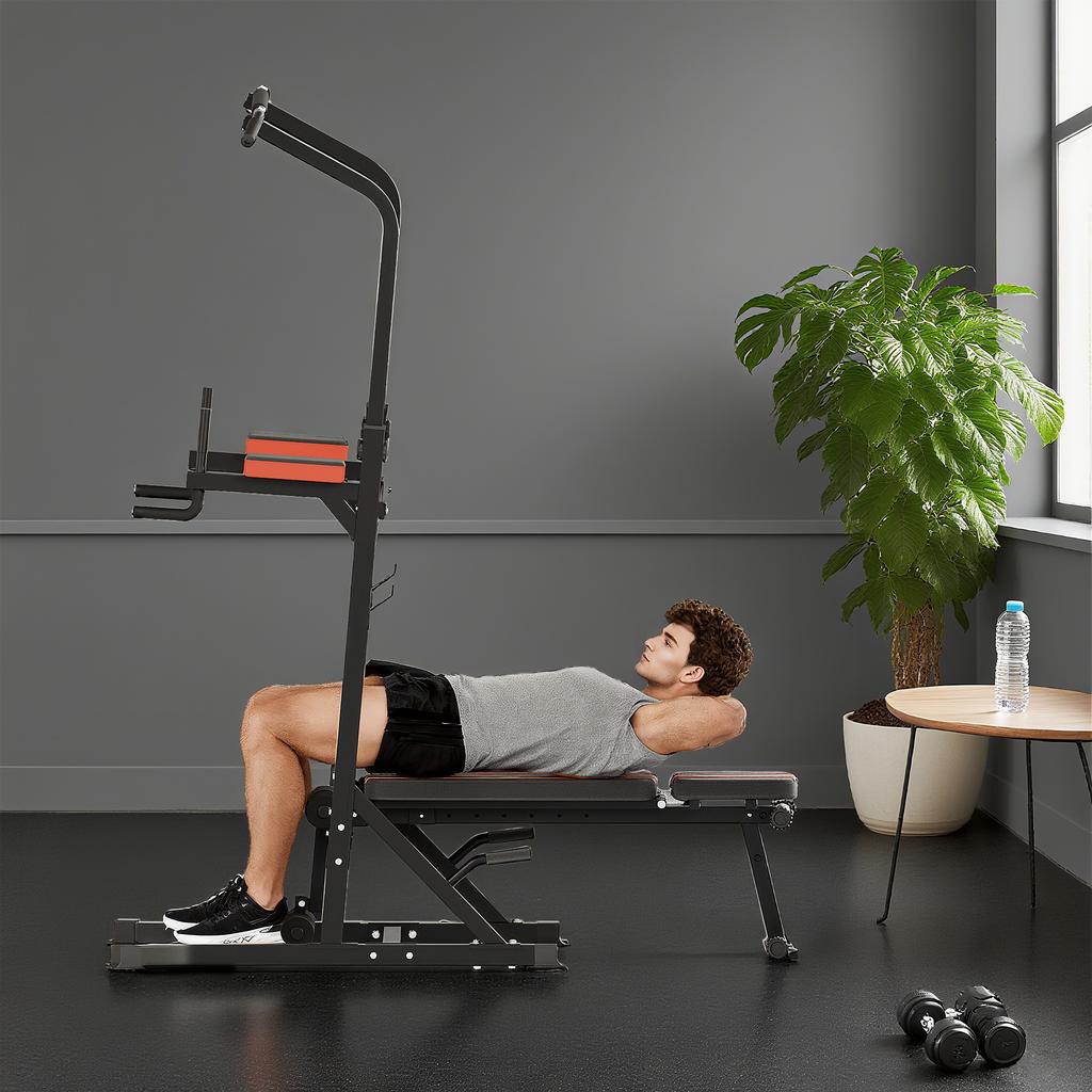 Folding Power Tower, Multifunction Fitness Station Adjustable In 7 Positions with Pull-Up Bar, Dip Station, Pull UP Station and Flat Bench In Steel