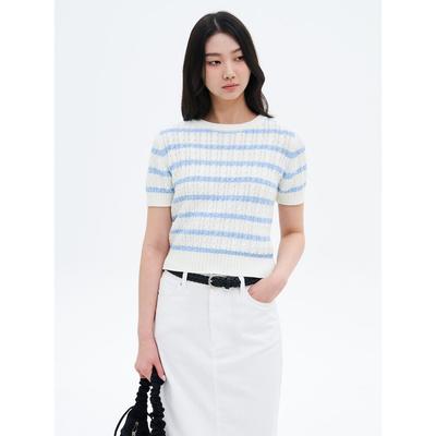 Cable Stripe Short Sleeve Pullover Ivory
