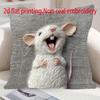 Cute Laughing Mouse Throw Pillow Cover 2D Felt Effect Print Decorative Cushion Cover for Animal Lovers Home Decor