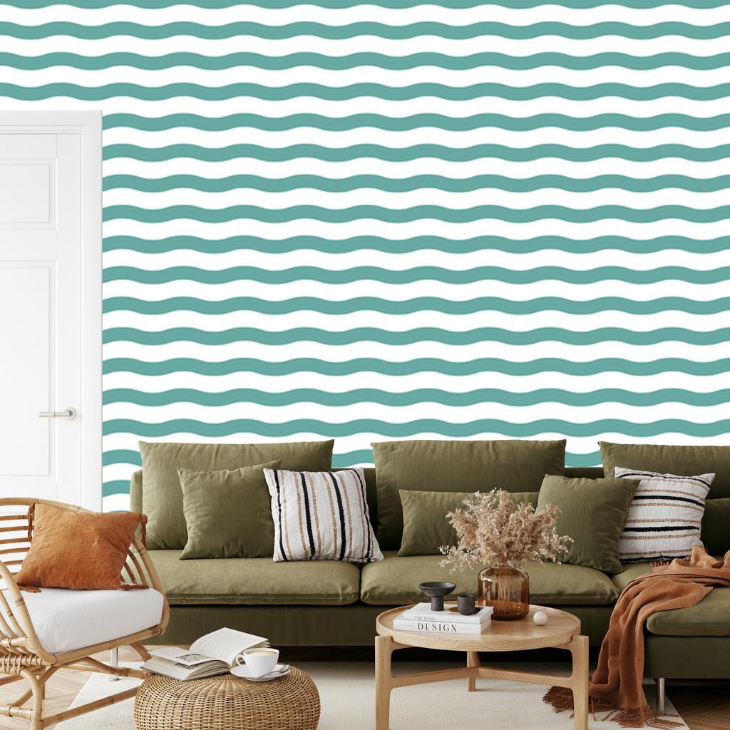 Striped Wallpaper White, Sea Blue and Turquoise for Living Room and Bedroom 50x1000