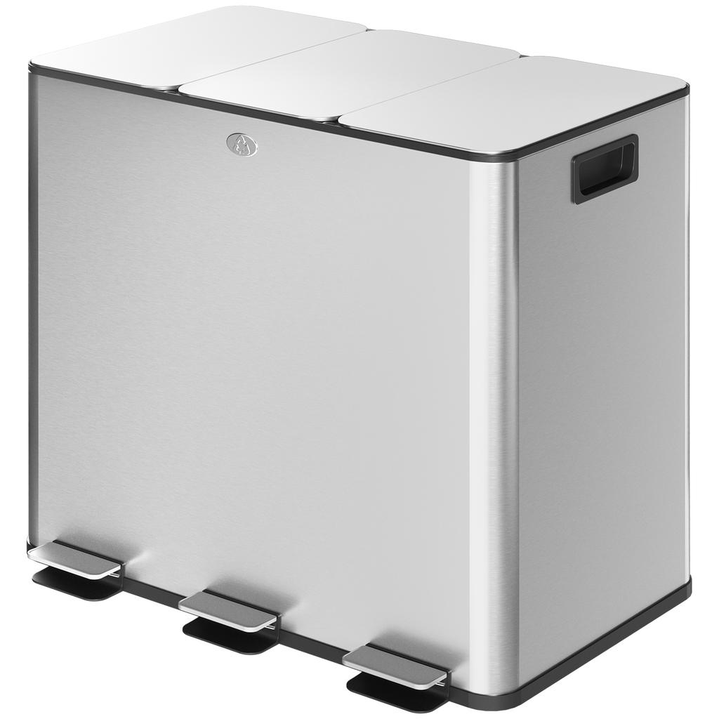 3 X 15L Pedal Bin, Steel Triple Kitchen Bin with Soft Close Lid, Removable Inner Buckets, Fingerprint-Proof, Silver Tone