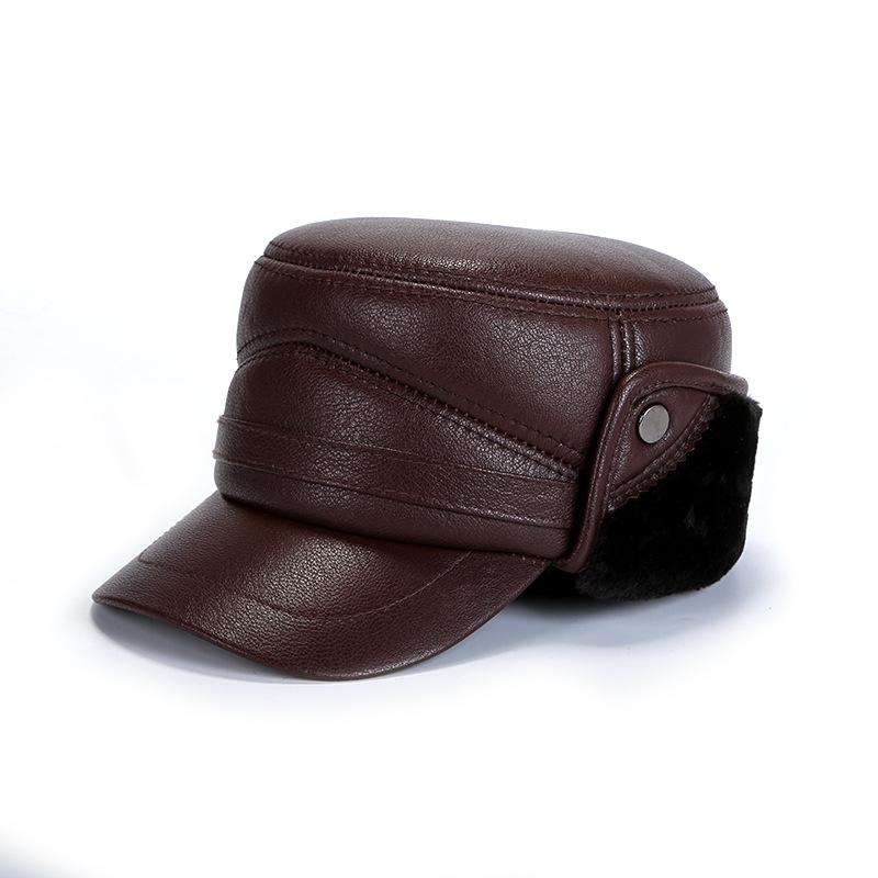 Men's Winter Cowhide Sheepskin Leather Hat - Thick, Warm Lei Feng Style for Middle-aged & Elderly
