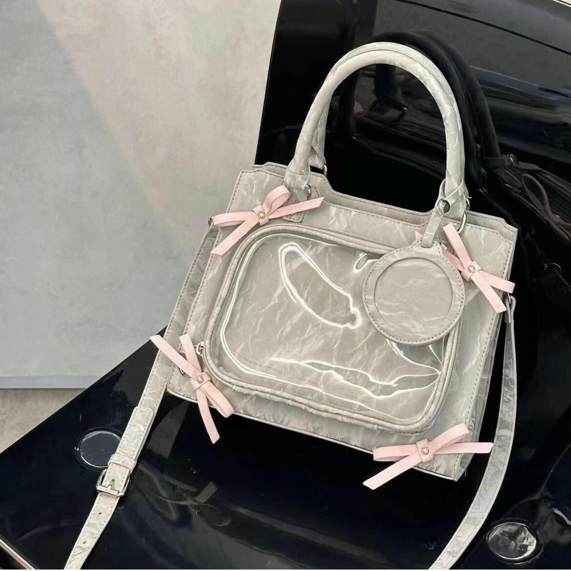 

JIAERDI Transparent Bow Silver Shoulder Bags Women Sweet Cute Handle Messenger Square Bag Female Versatile Casual Crossbody Bags 27x22x11cm серебряный