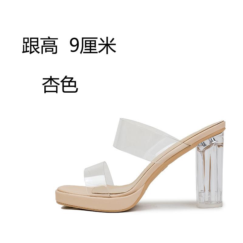 Fashion Transparent High-heeled Slippers Women Summer Waterproof Table Straight Strap Slippers Crystal Heel Thick Heel Sandals for Women