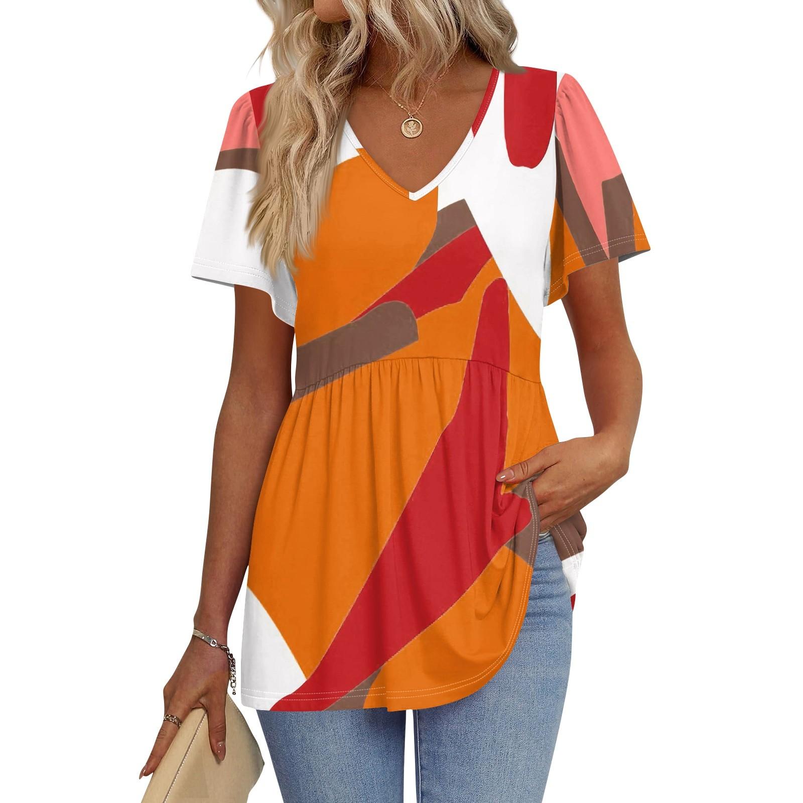 

Женские рубашки с коротким рукавом и оборками, повседневные наряды, модная футболка, топ S оранжевый