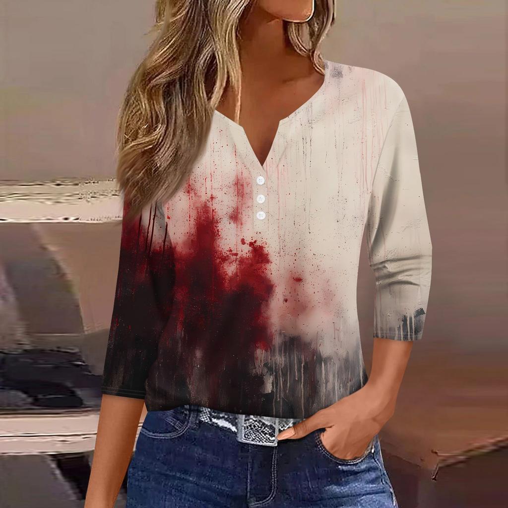 Damski T-shirt z nadrukiem Halloween, zapinany na guziki, rękaw 3/4, codzienny, weekendowy, modny, podstawowy, dekolt w serek, regularny top